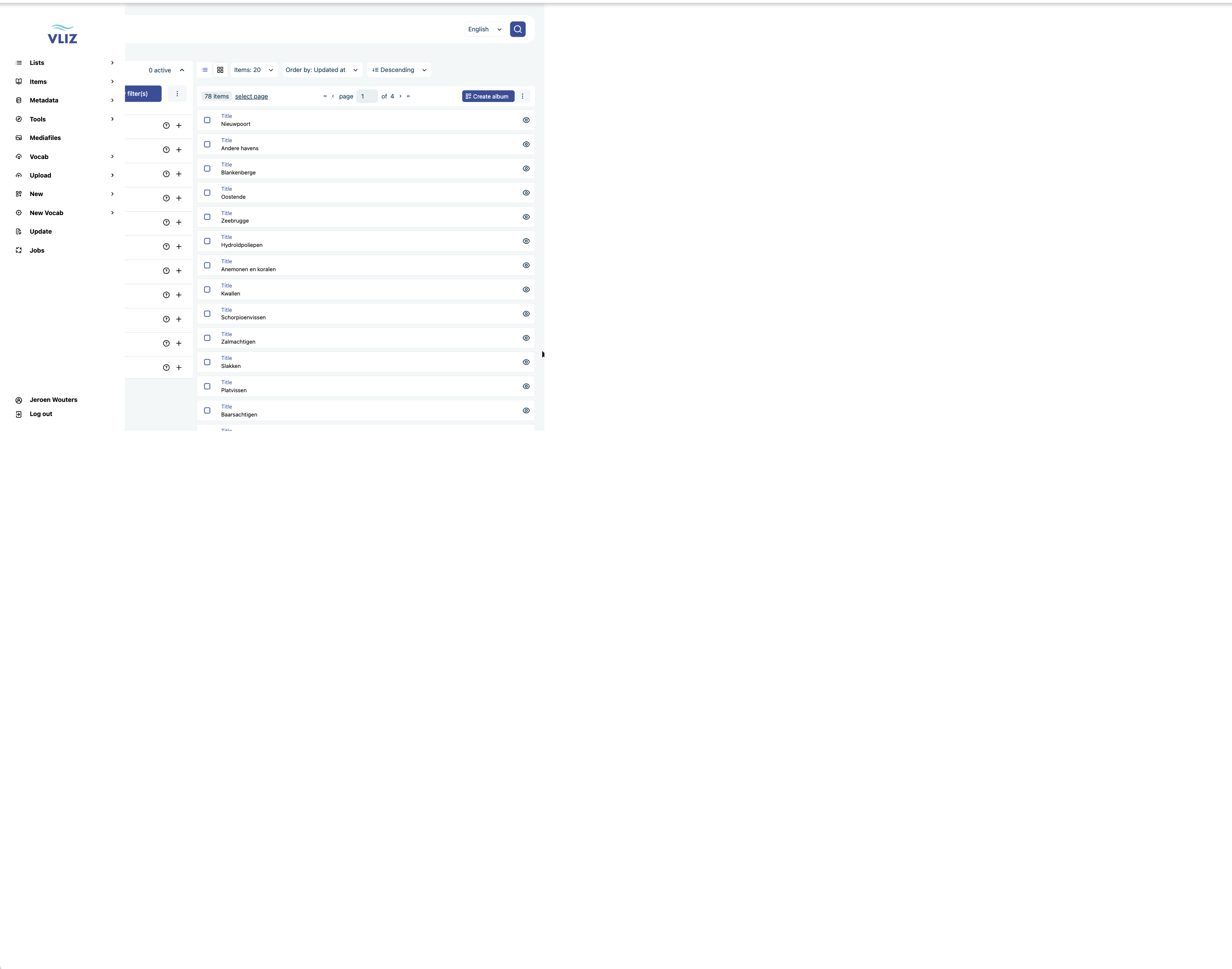 The sidebar with Lists → Albums open, and the Create album button at the top right of the list